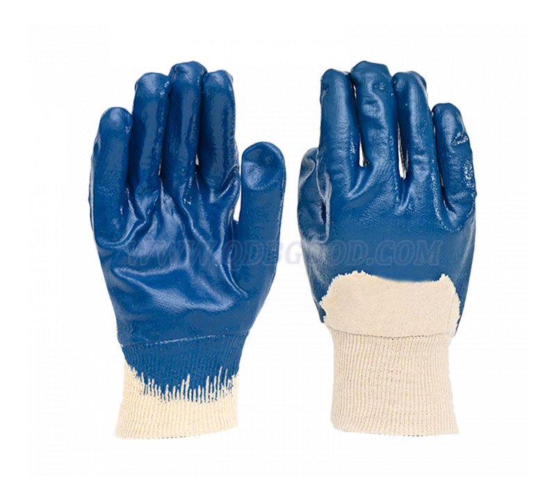 Blue nitrile coated glove knitted cuff cotton interlock open back chemical resistant glove 