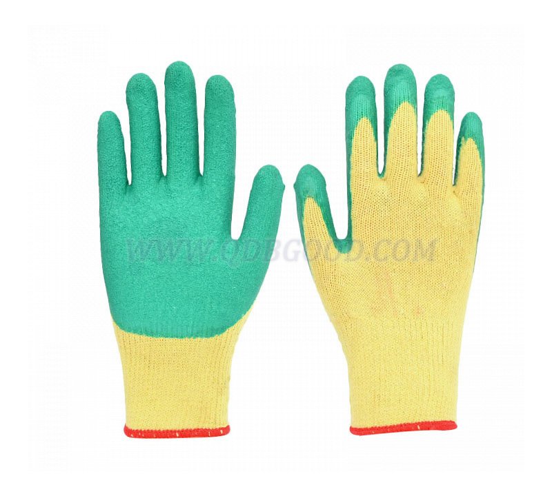 10g t/c cotton yellow shell green latex palm coated glove wrinkle finish