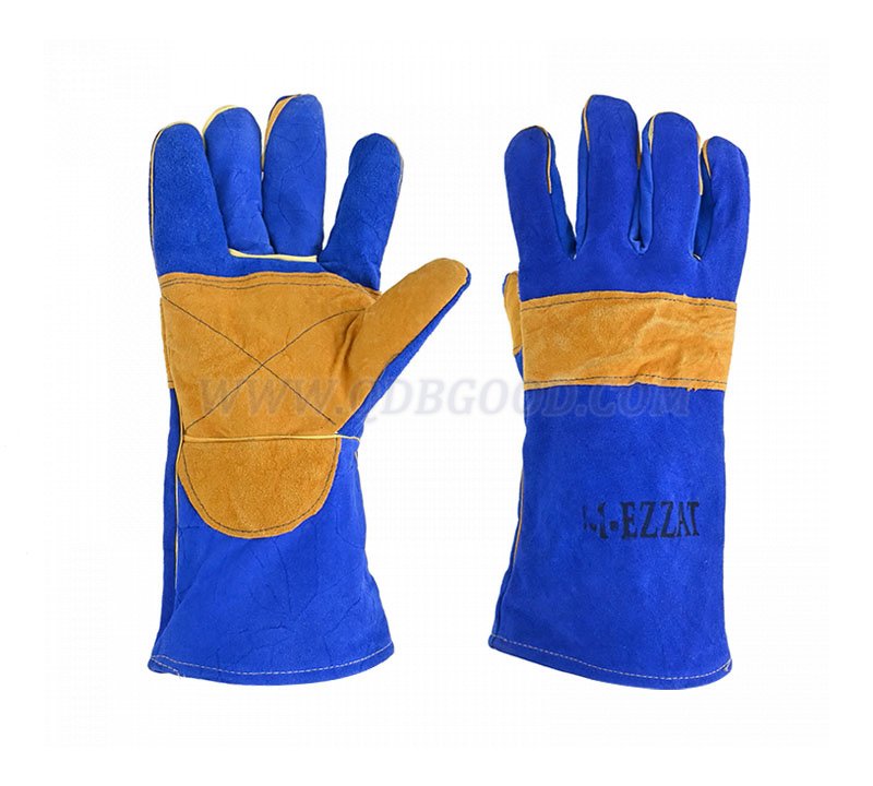 14 inch blue leather welding glove reinforced palm with polyester cotton lining 