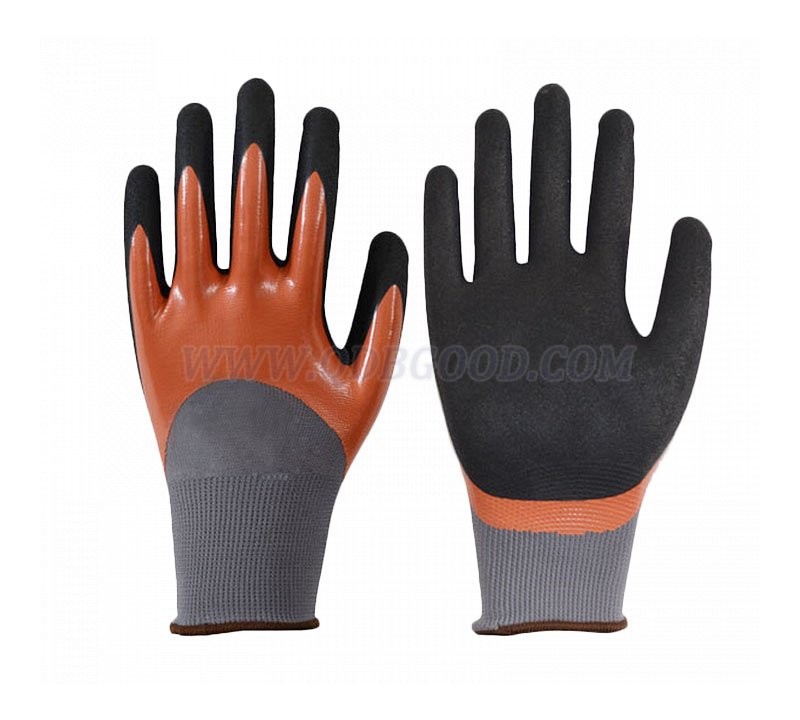 15g polyester liner nitrile double dipped glove,inner fully nitrile coated ,outer micro foam sandly finished 