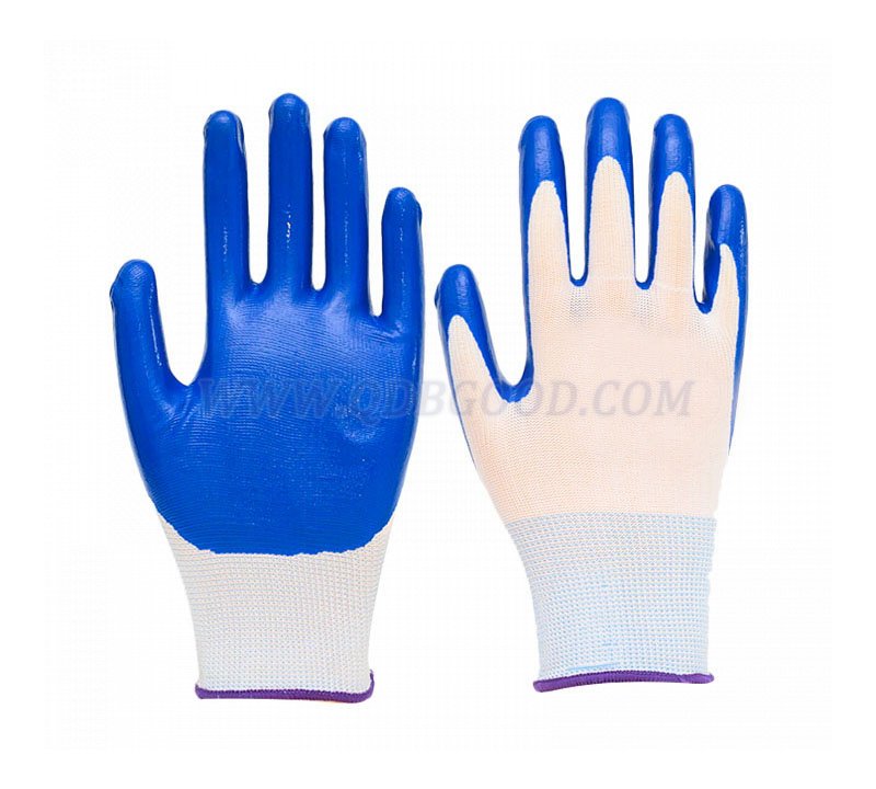 white polyester shell blue nitrile coated glove smooth palm