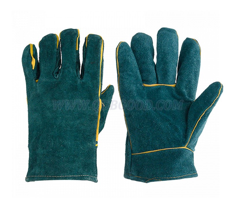 10.5 inch green leather welding glove with polyester cotton full lining 