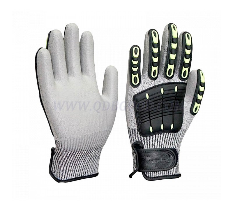 13g Hppe cut resistant glove palm pu cated with tpr anti impact back 