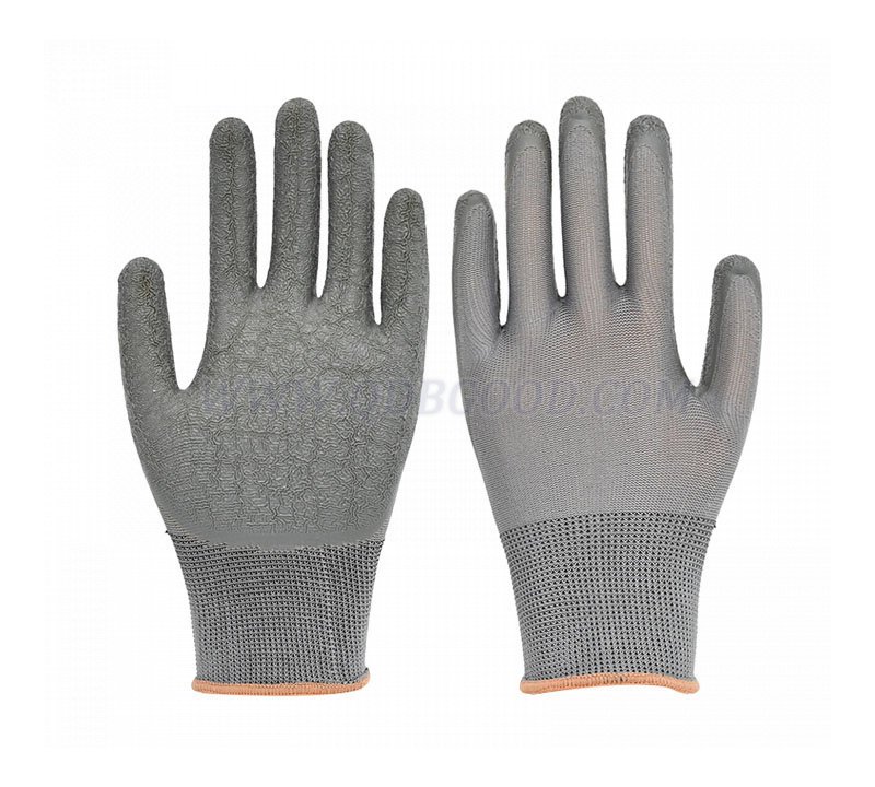 13 gauge grey polyester shell grey latex palm coated glove crinkle finish