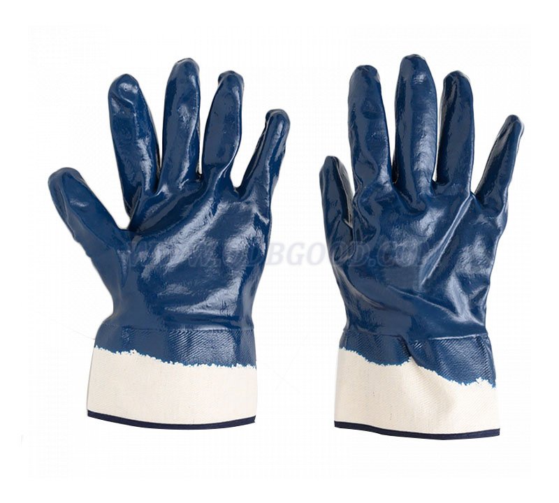 Blue nitrile fully dipped glove safety cuff cotton shell chemical resistant glove 