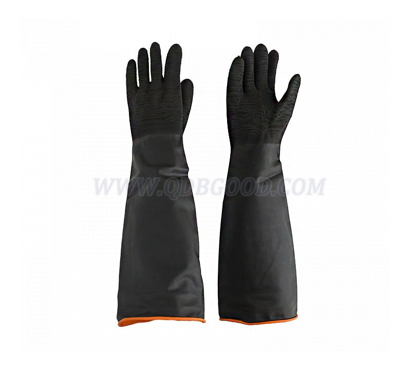 55cm black Neoprene chemical resistant industrial long glove anti allergic orange liner,palm crinkle finished