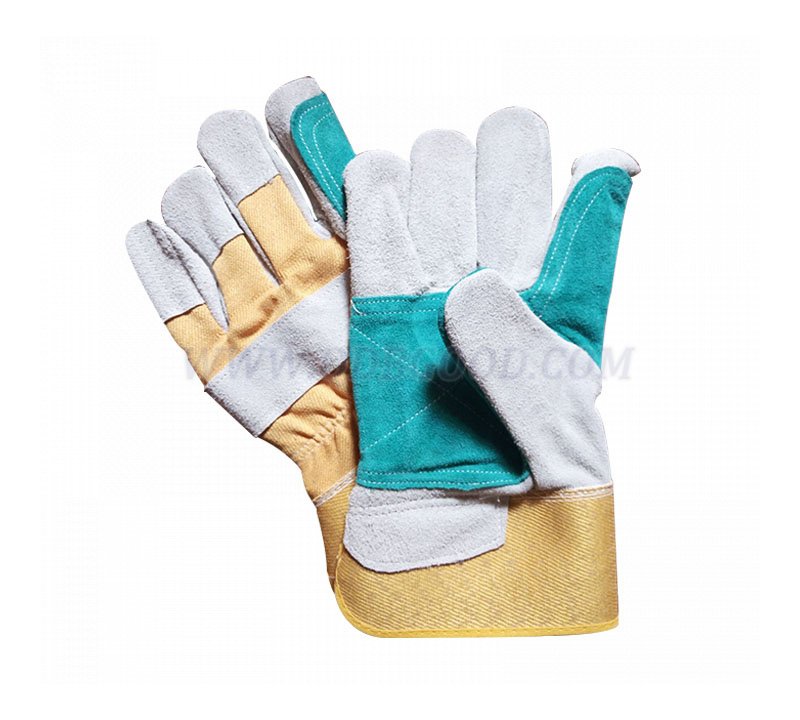 cow spilt leather working glove palm leather reinforced ,rubberized safety cuff stripe cotton back