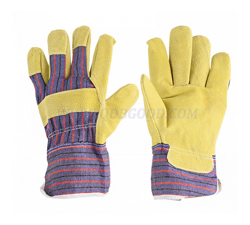 pig skin leather working glove full palm safety cuff stripe cotton back