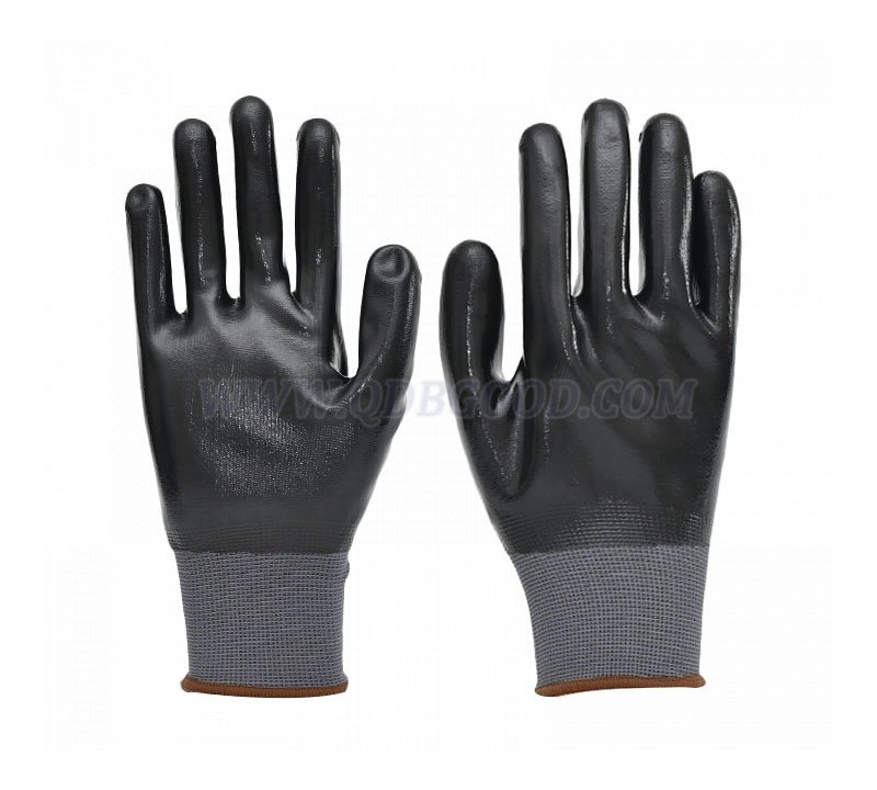 15 Gauge polyester shell black nitrile fully coated glove smooth palm chemical resistant glove