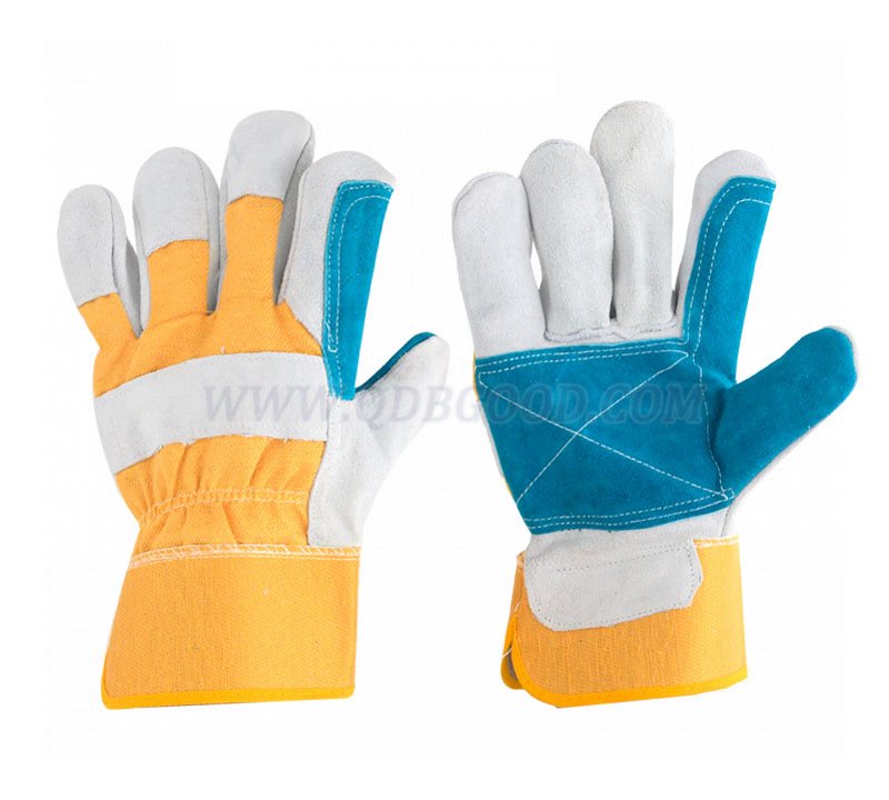 cow spilt leather working glove palm leather reinforced ,rubberized safety cuff stripe cotton back