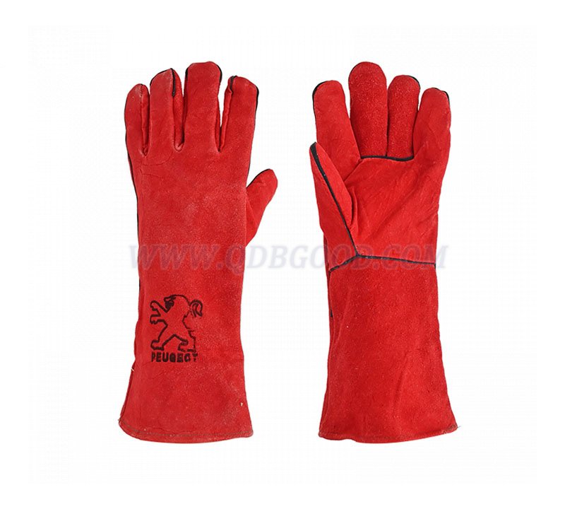 16 inch red leather welding glove with polyester cotton full lining 