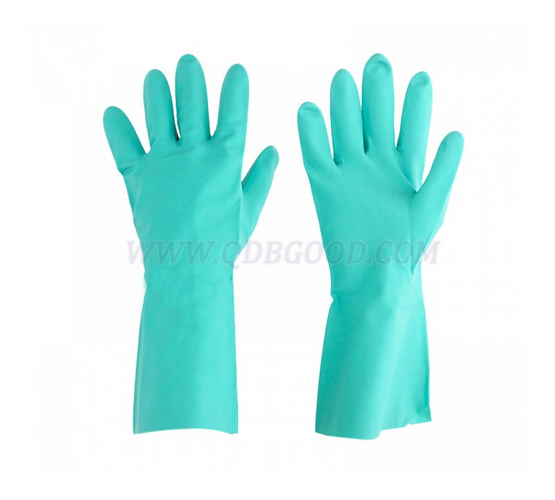 Nitrile glove flocking inside chemical resistant gauntlant glove