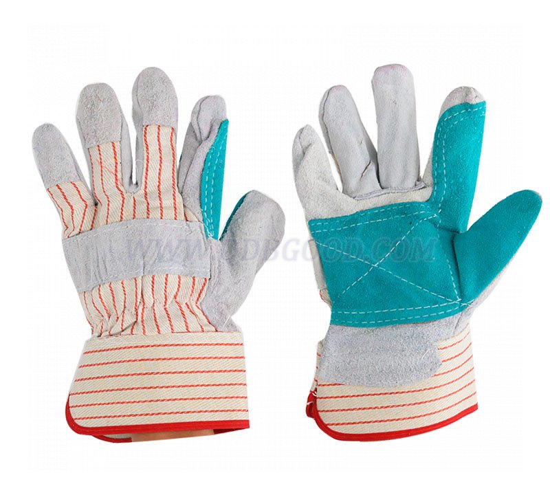 cow spilt leather working glove palm leather reinforced ,rubberized safety cuff stripe cotton back